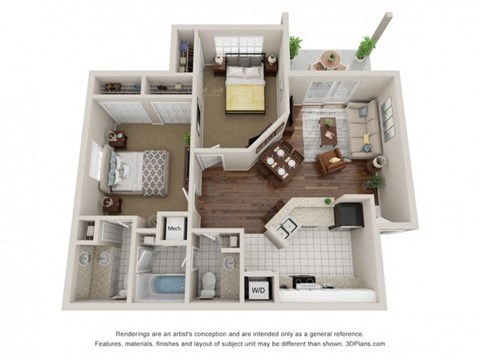 Floor plan for 2 beds, 1.5 baths, 896 sqft